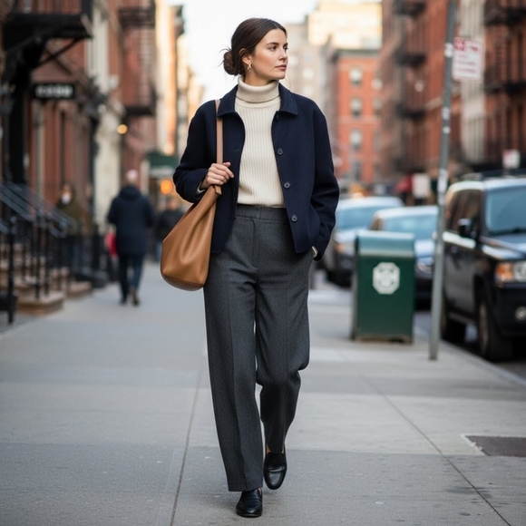 COS Navy Wool Blend Cropped Boxy Jacket Coat Size L - Picture 2 of 8